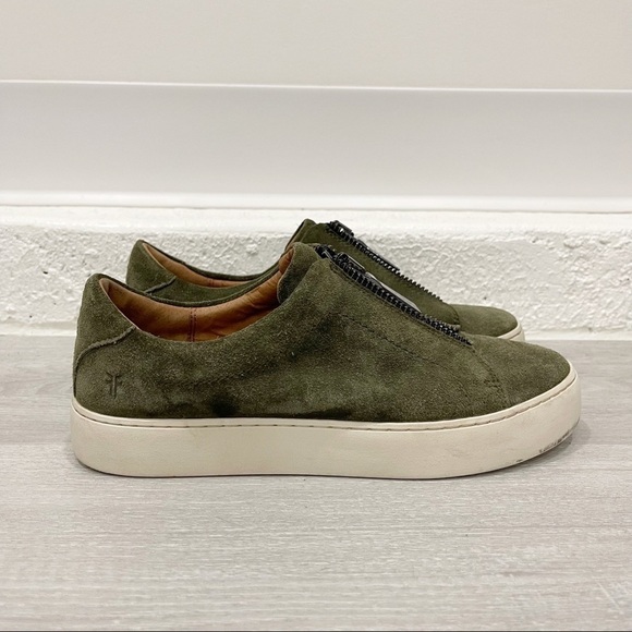 Frye Lena Slip-On Low Top Sneakers Green Suede Zip Front Platform Size 7 - Picture 1 of 9